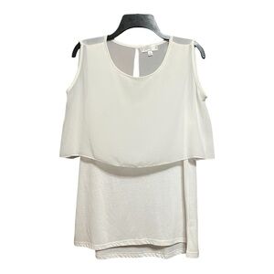 White Sleeveless Asymmetrical Cotton Blouse with Sheer Cut Out Overlay L